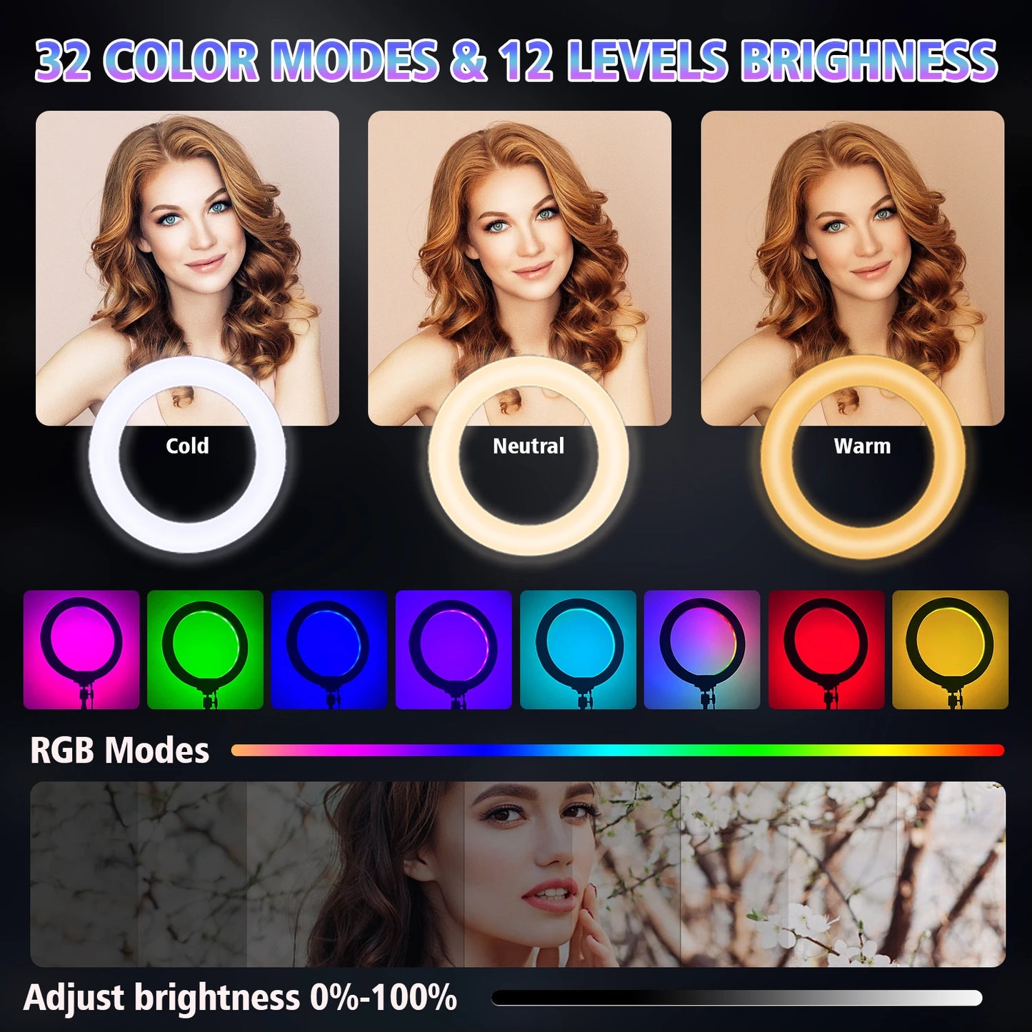 10 Inch RGB Ring Light, Extendable to 160 cm, Multi-functional Portable Tripod, 38 Adjustable Colors for Live Streaming, Selfie