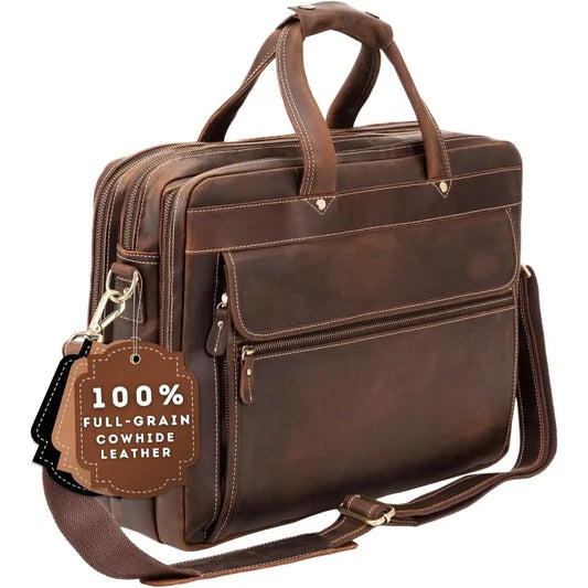 Grain Leather Briefcase for Men, Top Choice Gifts, Handcrafted Laptop Bag with Multiple Compartments and Brass Hardware,