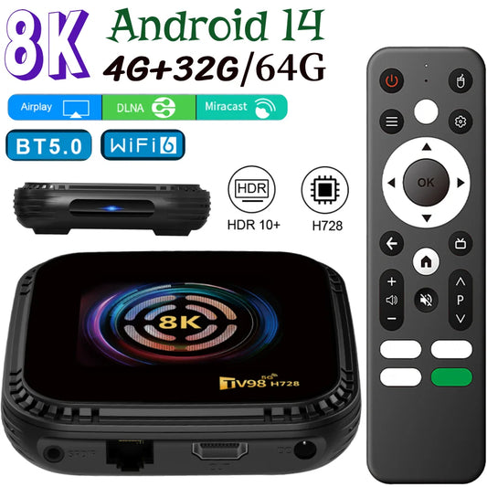 H728 4G 32G/64G Octa-Core BT5.0 Android 14 Smart TV Box Media Player 8K HD Set Top Box with Remote Android Box Dual-Band Wi-Fi