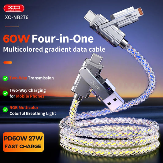 60W 4 in 1 Multi-function Mobile Phone Data Cable PD Fast Charging Cable Charger for Huawei Xiaomi iPhone