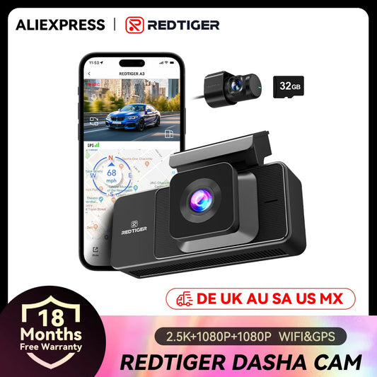 REDTIGER A3  3 Cameras Front/Cabin/Rear Cam Dash Cam Dash Camera Built-in 5.8Ghz WiFi GPS Car DVR Night Vision Parking Monitor