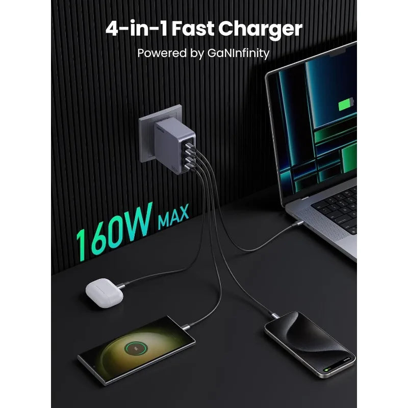 Nexode Pro 160W USB C Charger Block, 4-Port PD 3.1 GaN Charger Fast PPS Laptop Charger for MacBook Pro, Pixelbook, Dell X