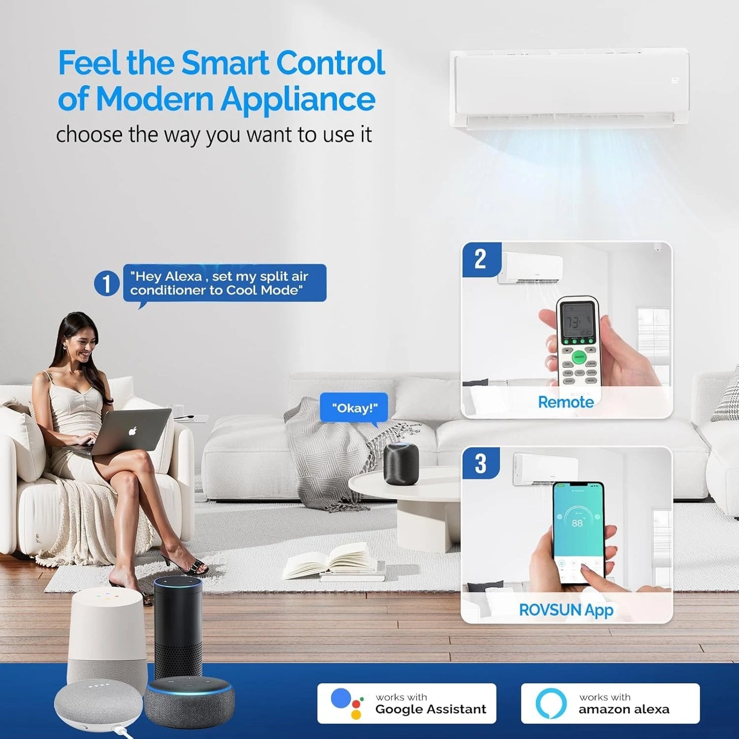 11500 BTU Wifi Enabled Mini Split Air Conditioner & Heater, 17 SEER2 115V Inverter Ductless Wall AC Unit