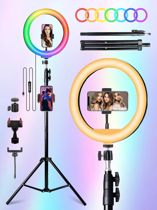 10 Inch RGB Ring Light, Extendable to 160 cm, Multi-functional Portable Tripod, 38 Adjustable Colors for Live Streaming, Selfie